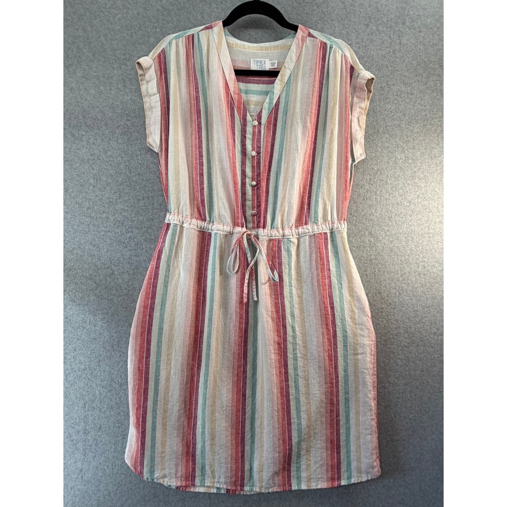 Time and Tru Womens Linen Blend Striped Button Front Drawstring Midi Dress Small
